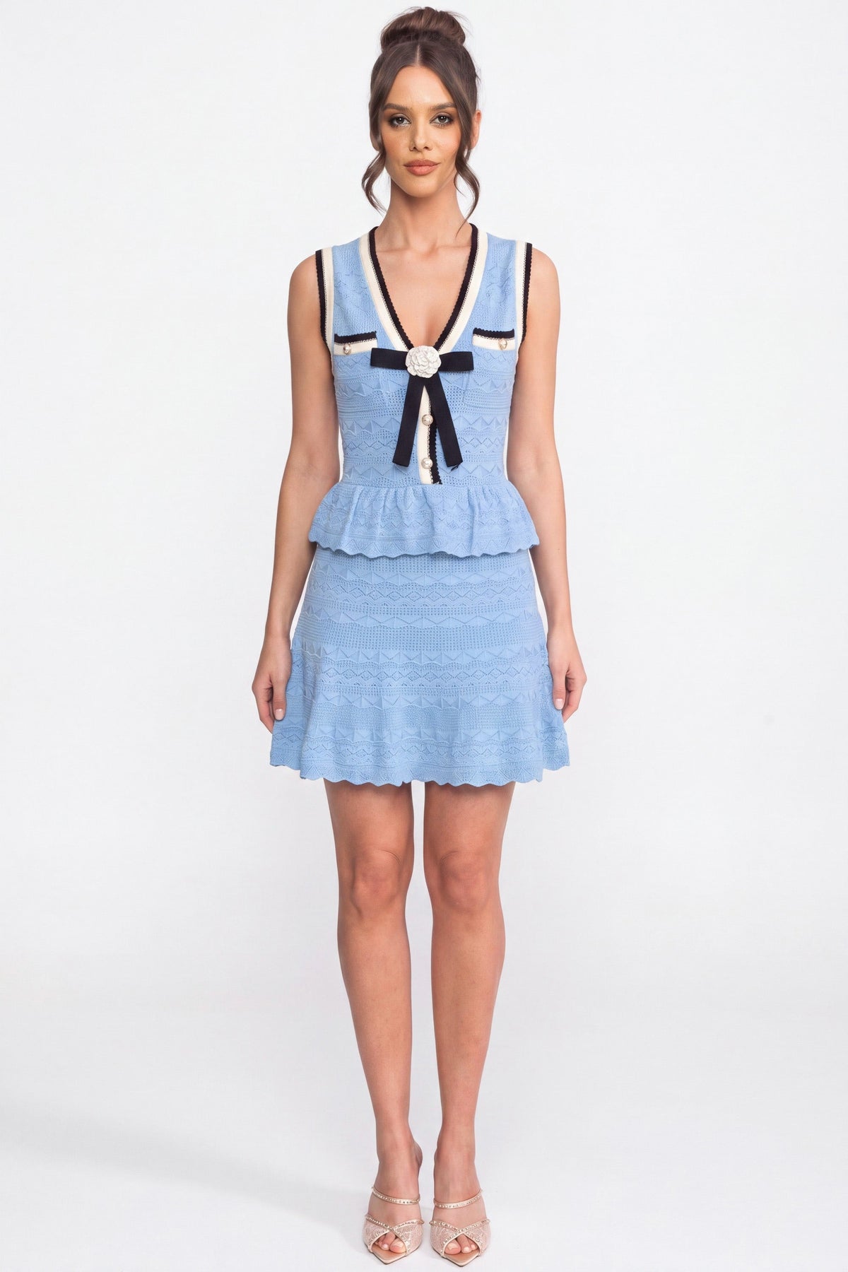 Lucienne Light Blue Peplum Knit Mini Dress With Contrast Trim And Bow