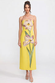 Strapless Floral-Print Maxi Dress With Column Silhouette - Yellow