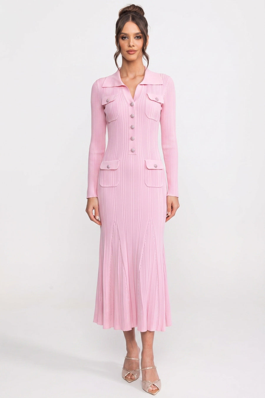 Faustine Pink Long-Sleeve Button-Front Knit Maxi Dress With Patch Pockets