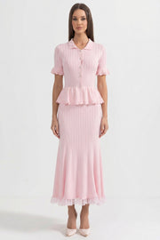Ludivine Pink Peter-Pan Collar Knit Peplum Maxi Dress With Lace Hem