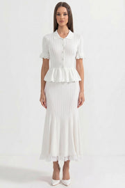 Ludivine White Peter-Pan Collar Knit Peplum Maxi Dress With Lace Hem