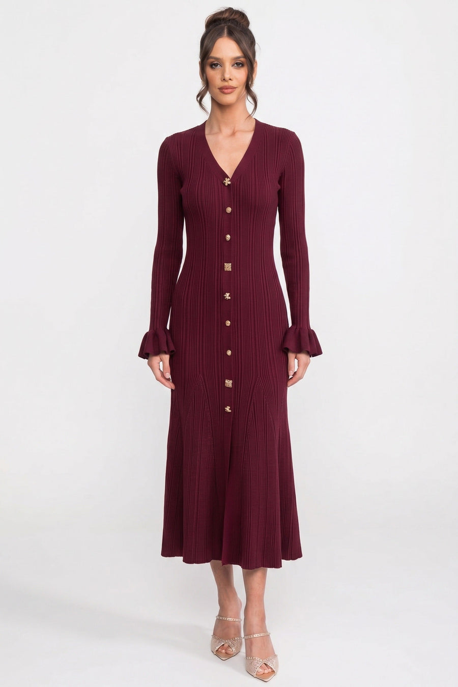 Sixtine Burgundy V-Neck Button-Front Ribbed Knit Maxi Dress With Ruffle Cuffs