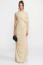 One-Shoulder Draped Maxi Dress With Sheer Scarf Detail - Yellow