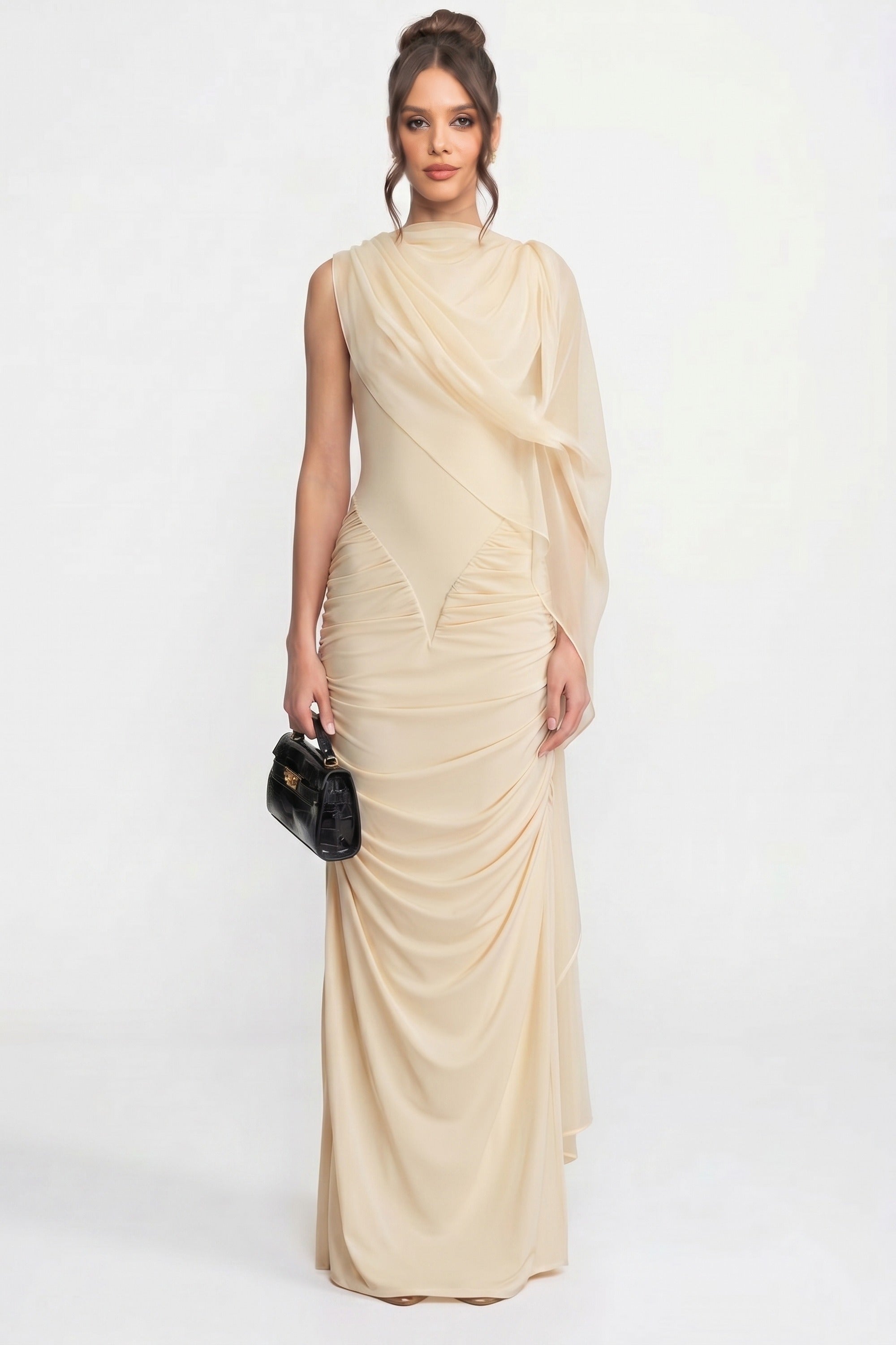 One-Shoulder Draped Maxi Dress With Sheer Scarf Detail - Yellow