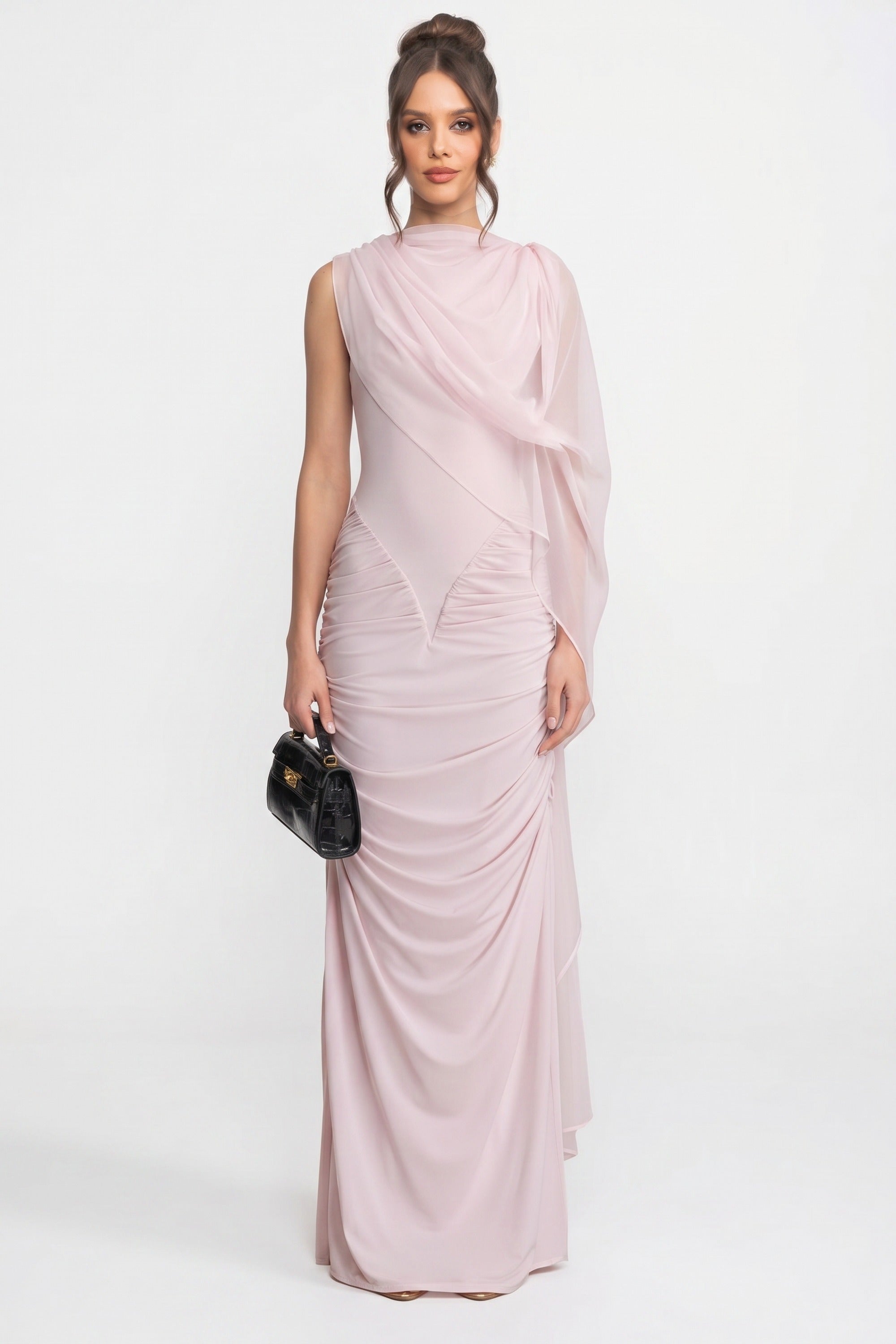 One-Shoulder Draped Maxi Dress With Sheer Scarf Detail - Pink