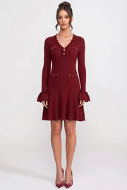Henriette Burgundy Long-Sleeve V-Neck Knit Mini Dress With Ruffle Hem And Bow Cuffs