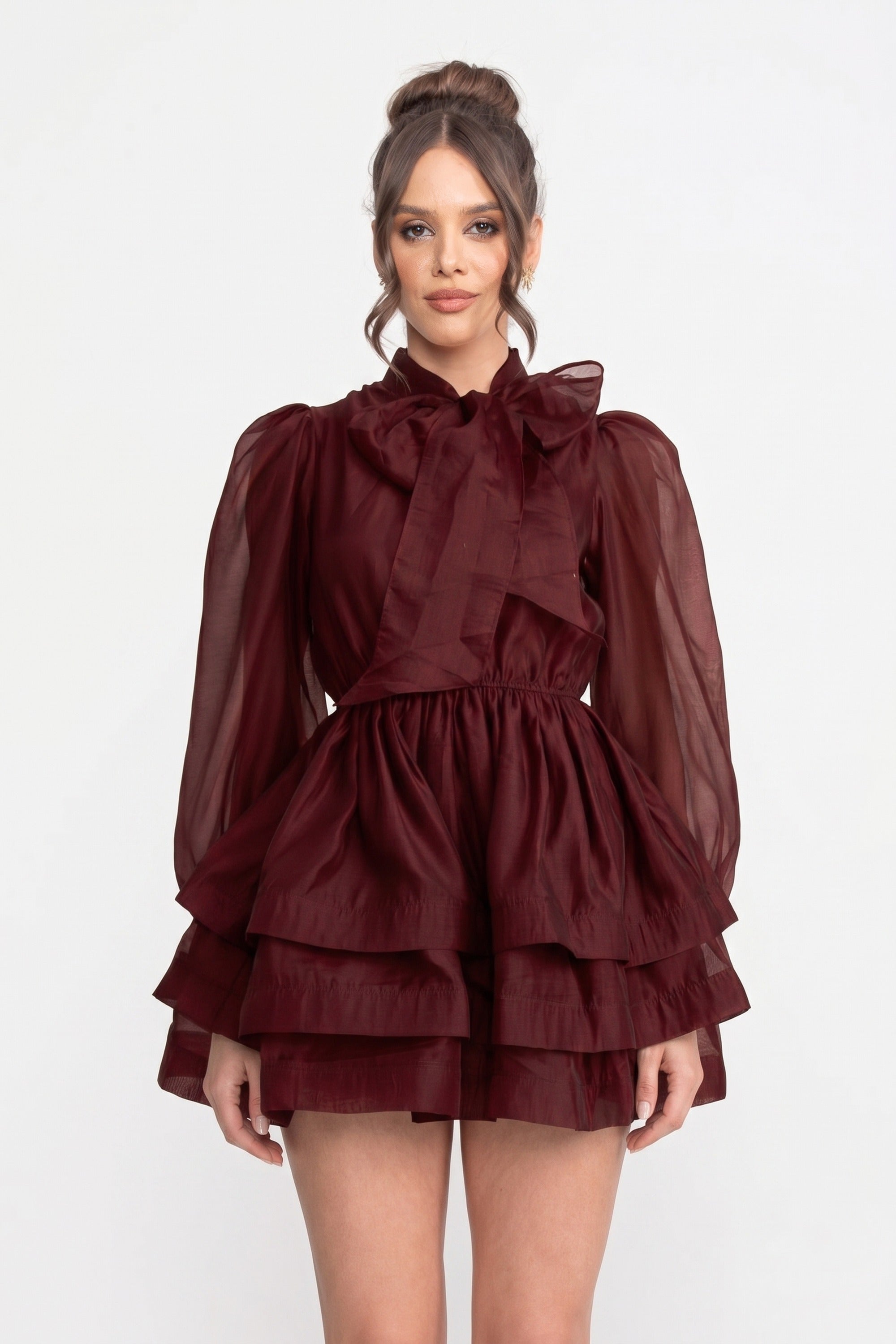 High-Neck Puff-Sleeve Mini Dress With Tiered Ruffle Skirt And Bow - Wine