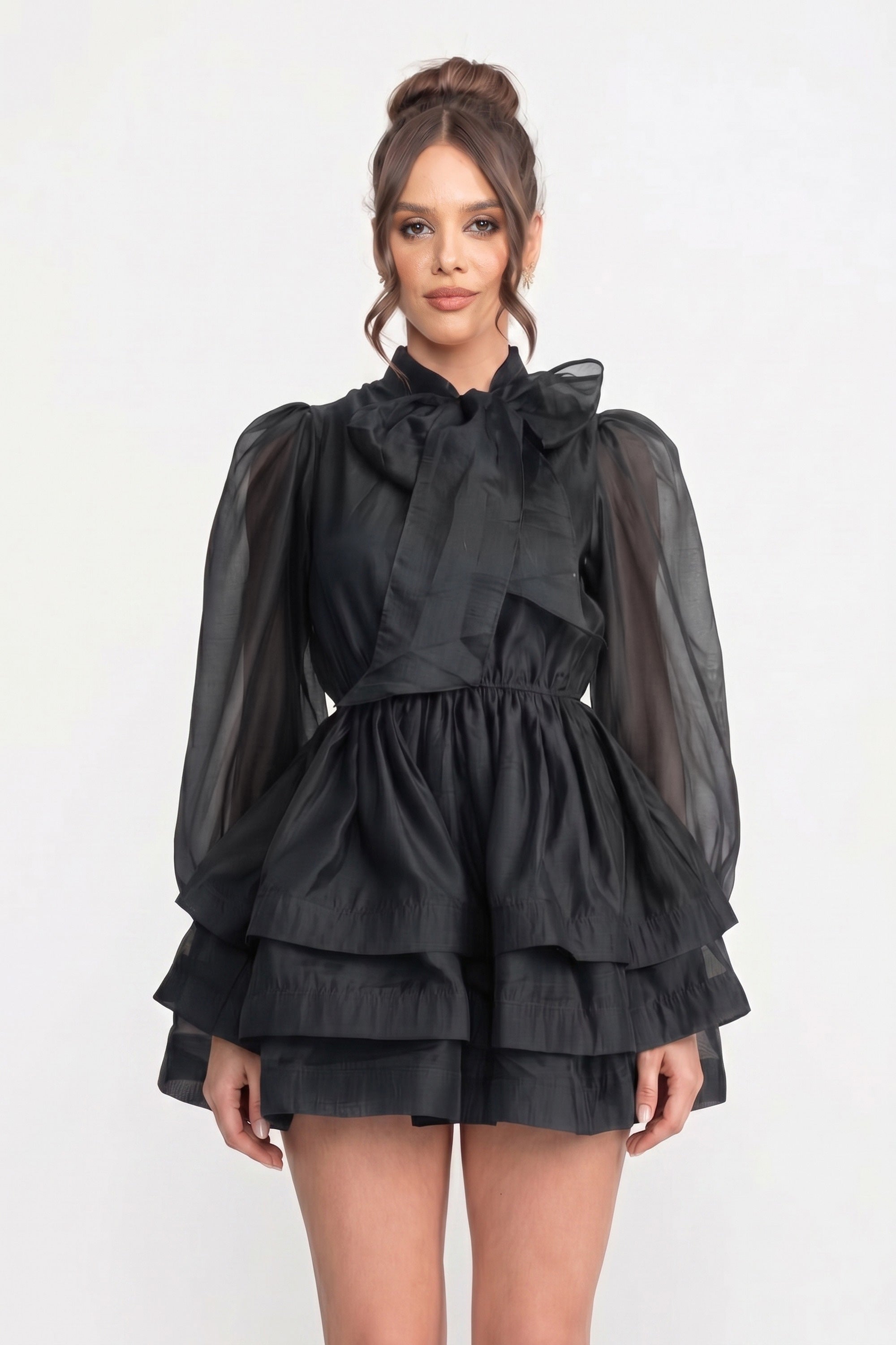 High-Neck Puff-Sleeve Mini Dress With Tiered Ruffle Skirt And Bow - Black