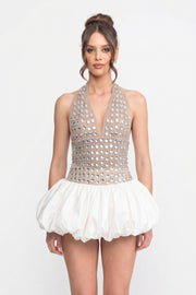 Crystal-Embellished Halter Mini Dress With Bubble Skirt - White