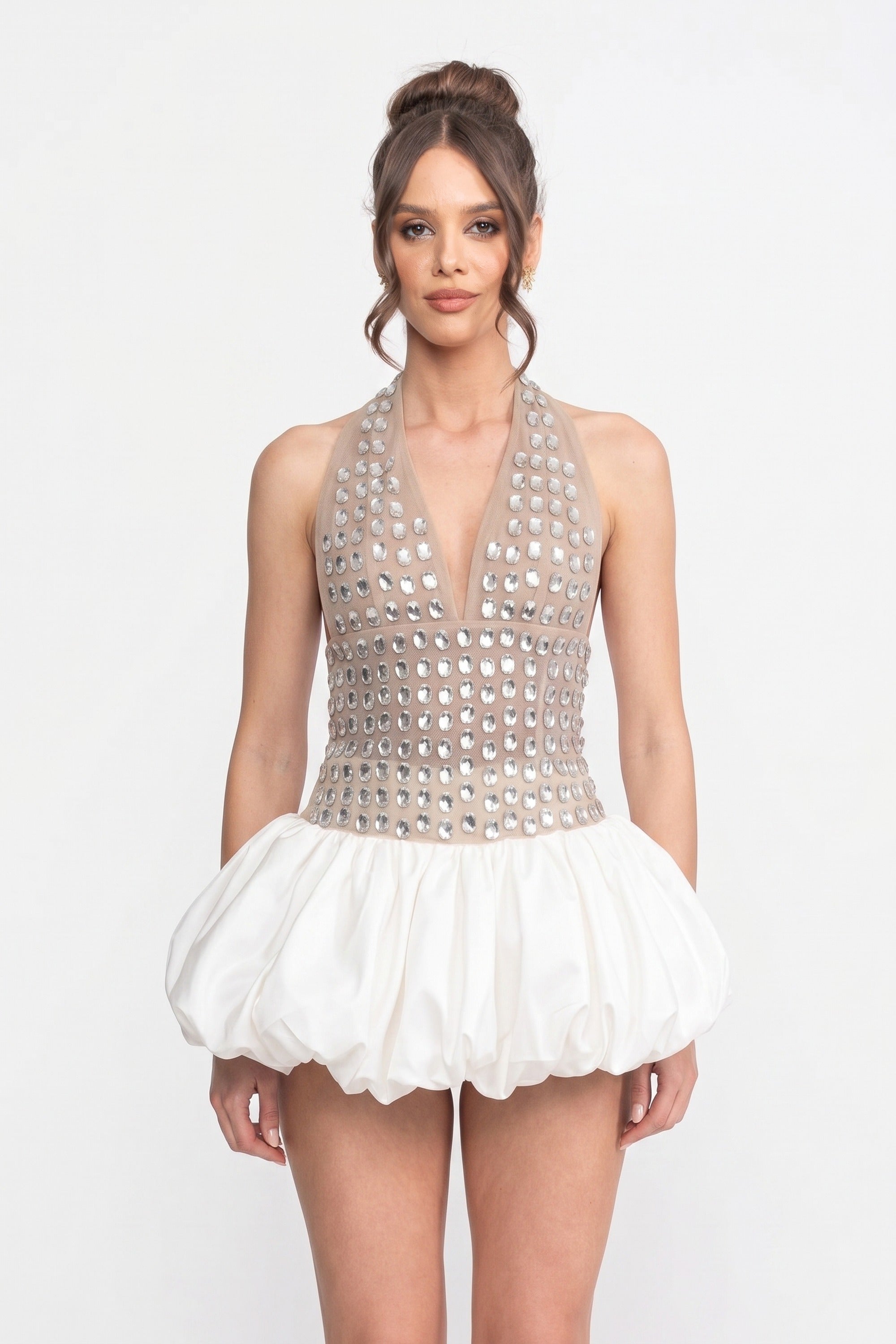 Crystal-Embellished Halter Mini Dress With Bubble Skirt - White