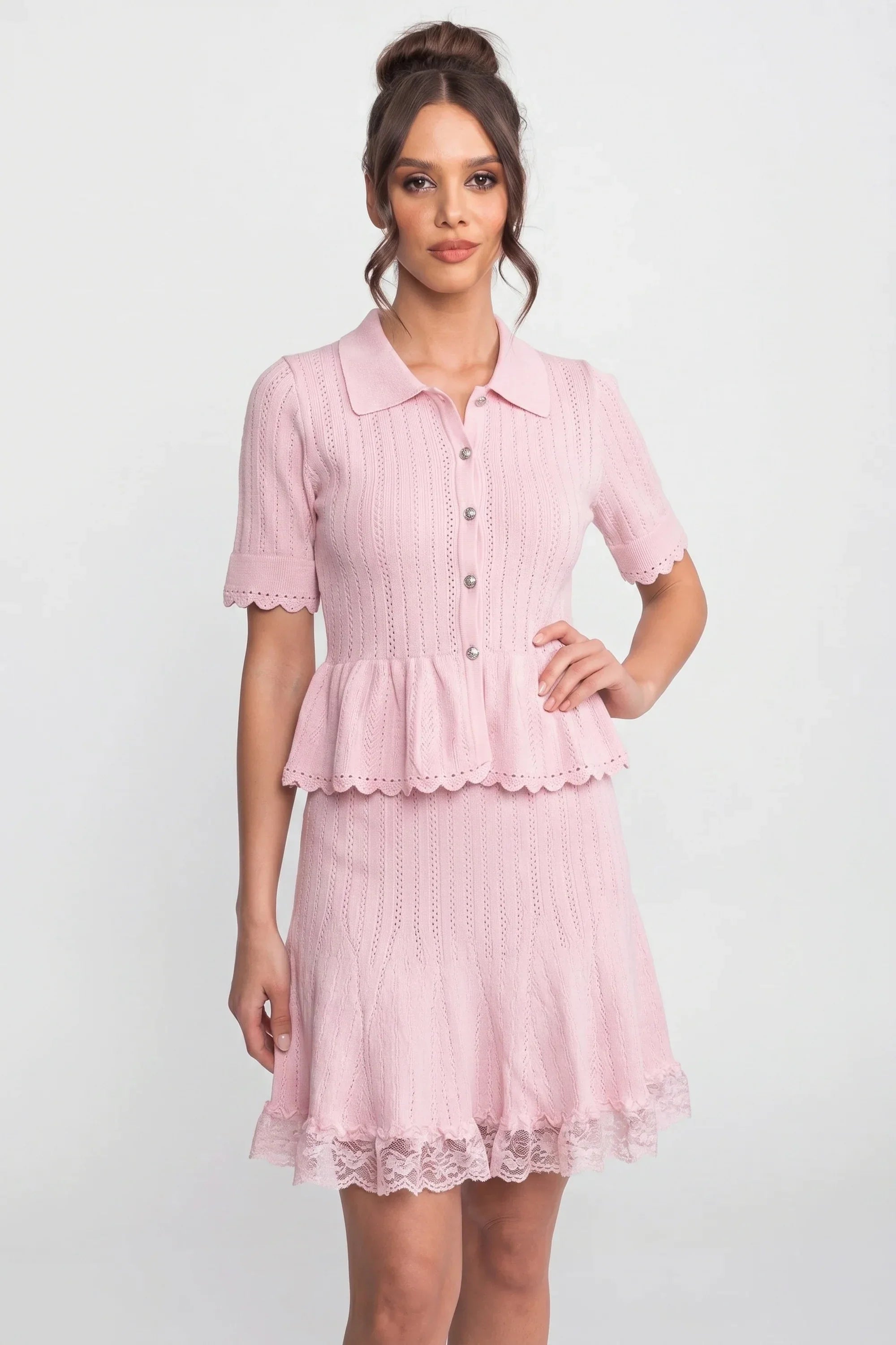 Polo-Collar Mini Dress With Button Top, Peplum Waist And Lace Hem - Pink