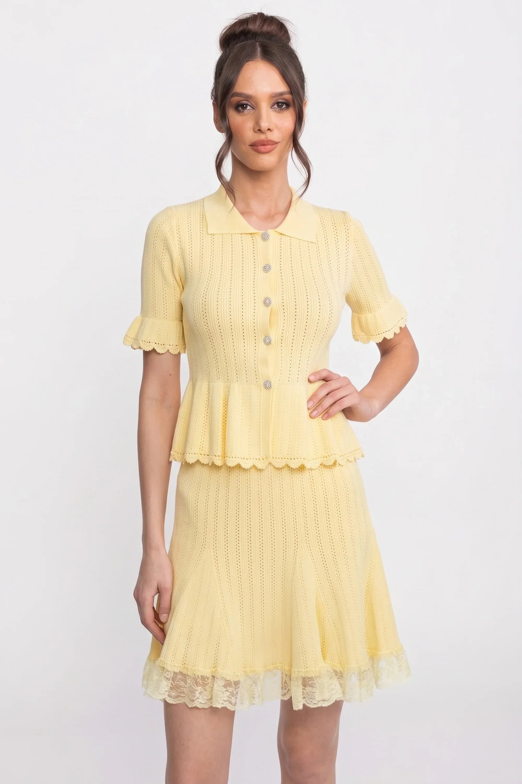 Peter-Pan Collar Knit Peplum Co-Ord set With Lace Hem - Yellow