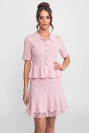 Lucille Pink Peter-Pan Collar Knit Peplum Co-Ord Set With Lace Hem