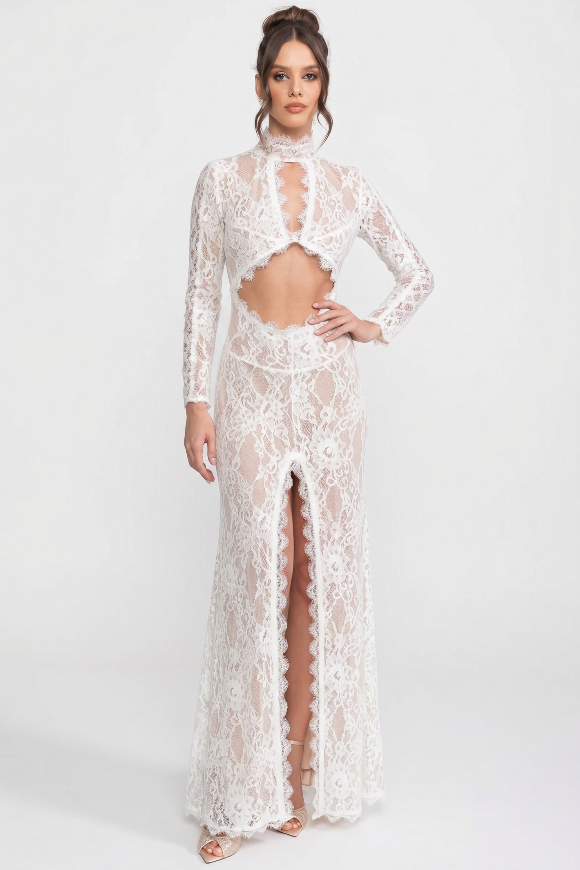 Elegant Lace Gown With High Neck, Front Cutout And Slit - White