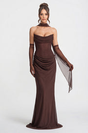 Strapless Draped Maxi Gown With Cowl Neckline And Sheer Scarf - Brown