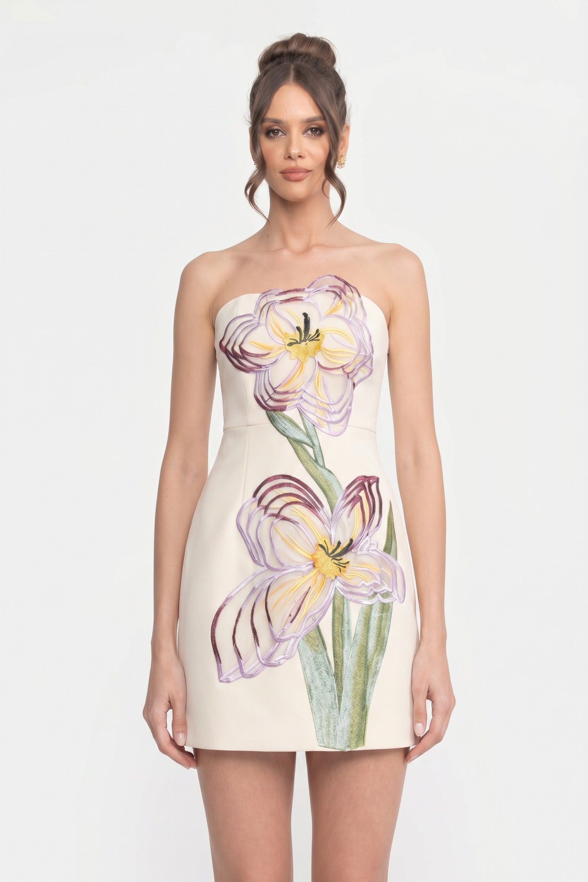 Strapless Mini Dress With 3D Iris Floral Appliqué - White