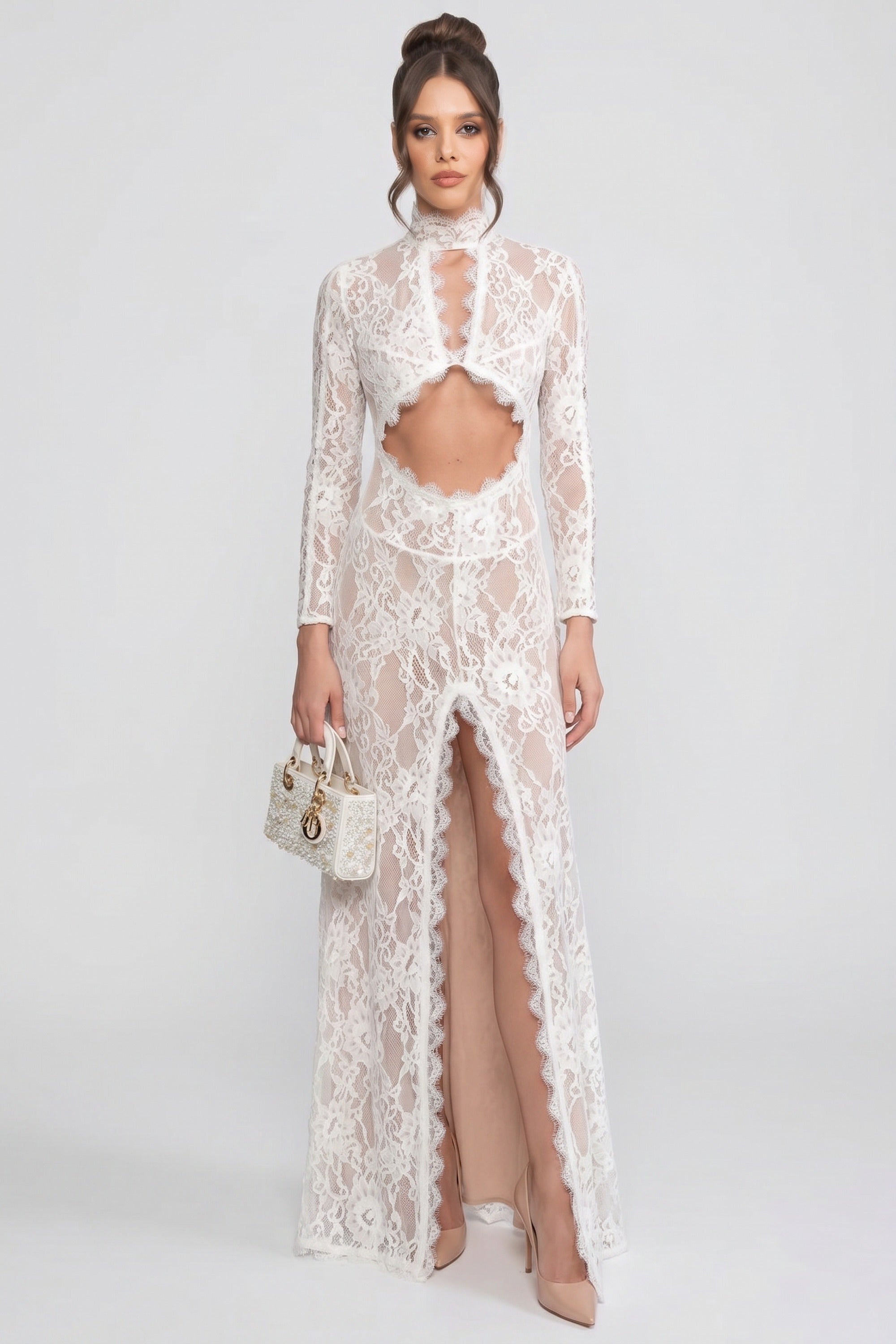 Elegant Lace Gown With High Neck, Front Cutout And Slit - White