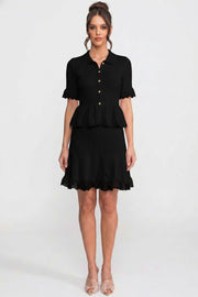 Polo-Collar Mini Dress With Button Top, Peplum Waist And Lace Hem - Black