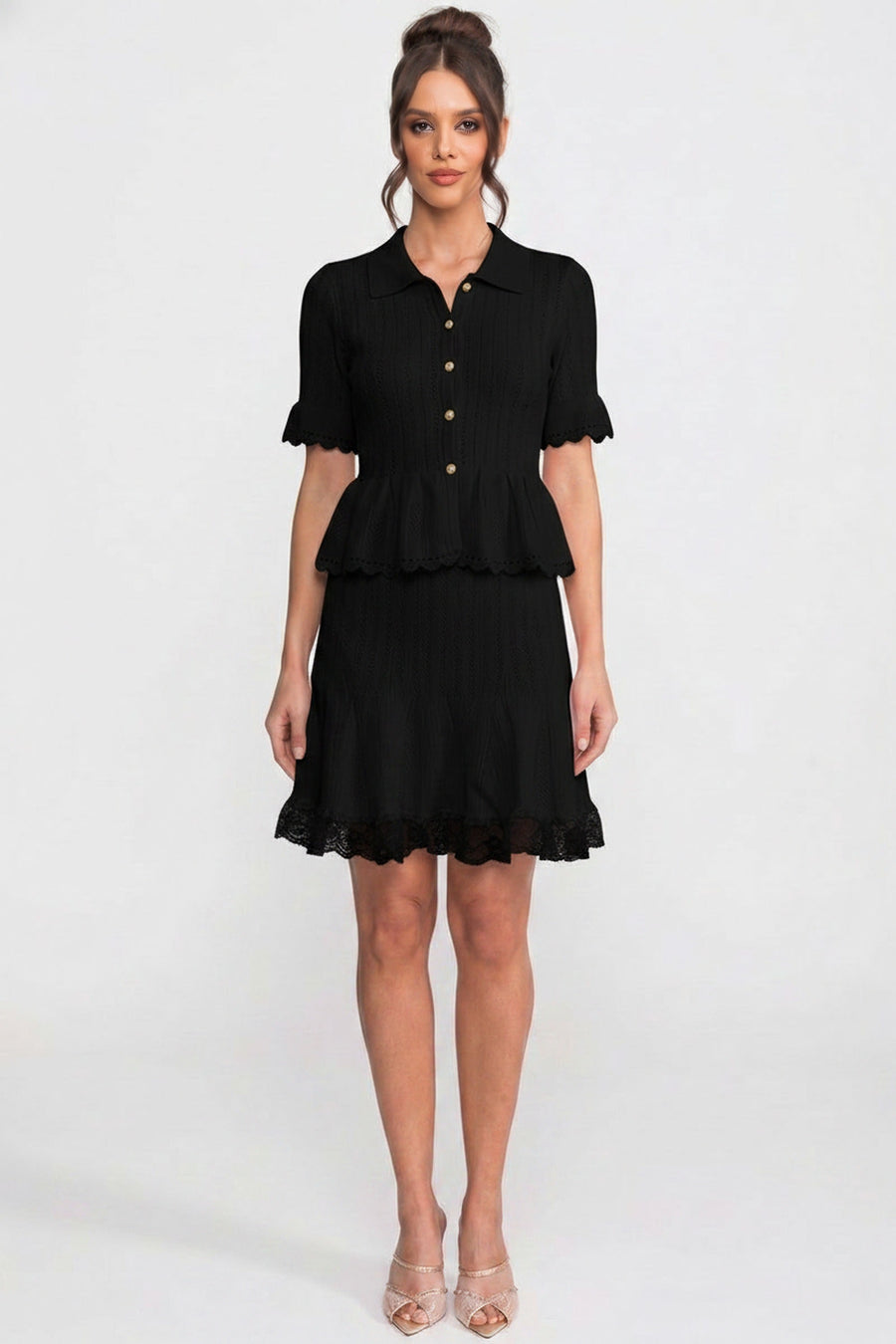 Polo-Collar Mini Dress With Button Top, Peplum Waist And Lace Hem - Black