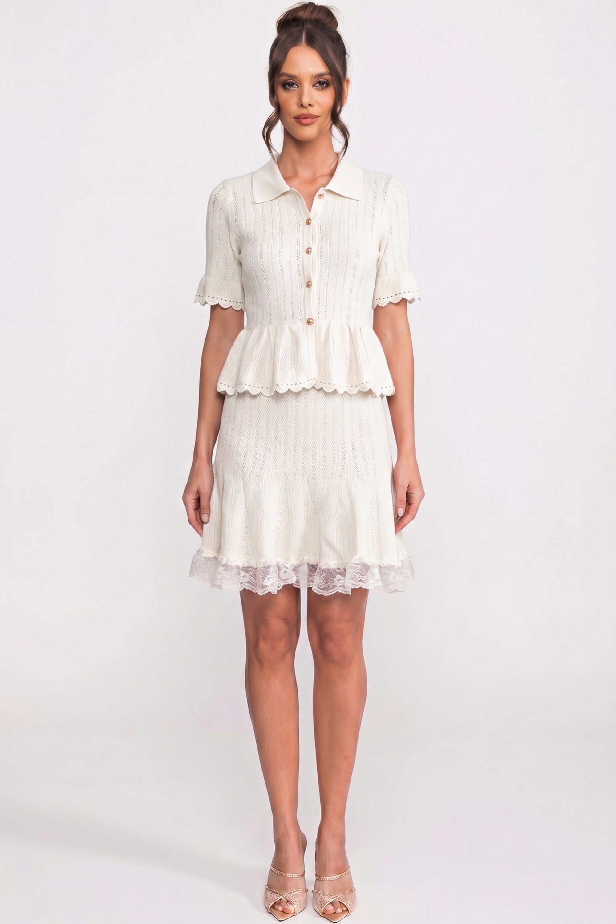 Polo-Collar Mini Dress With Button Top, Peplum Waist And Lace Hem - White