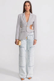 Asymmetric Cut-Out Blazer with Belt Detail - Light Gray