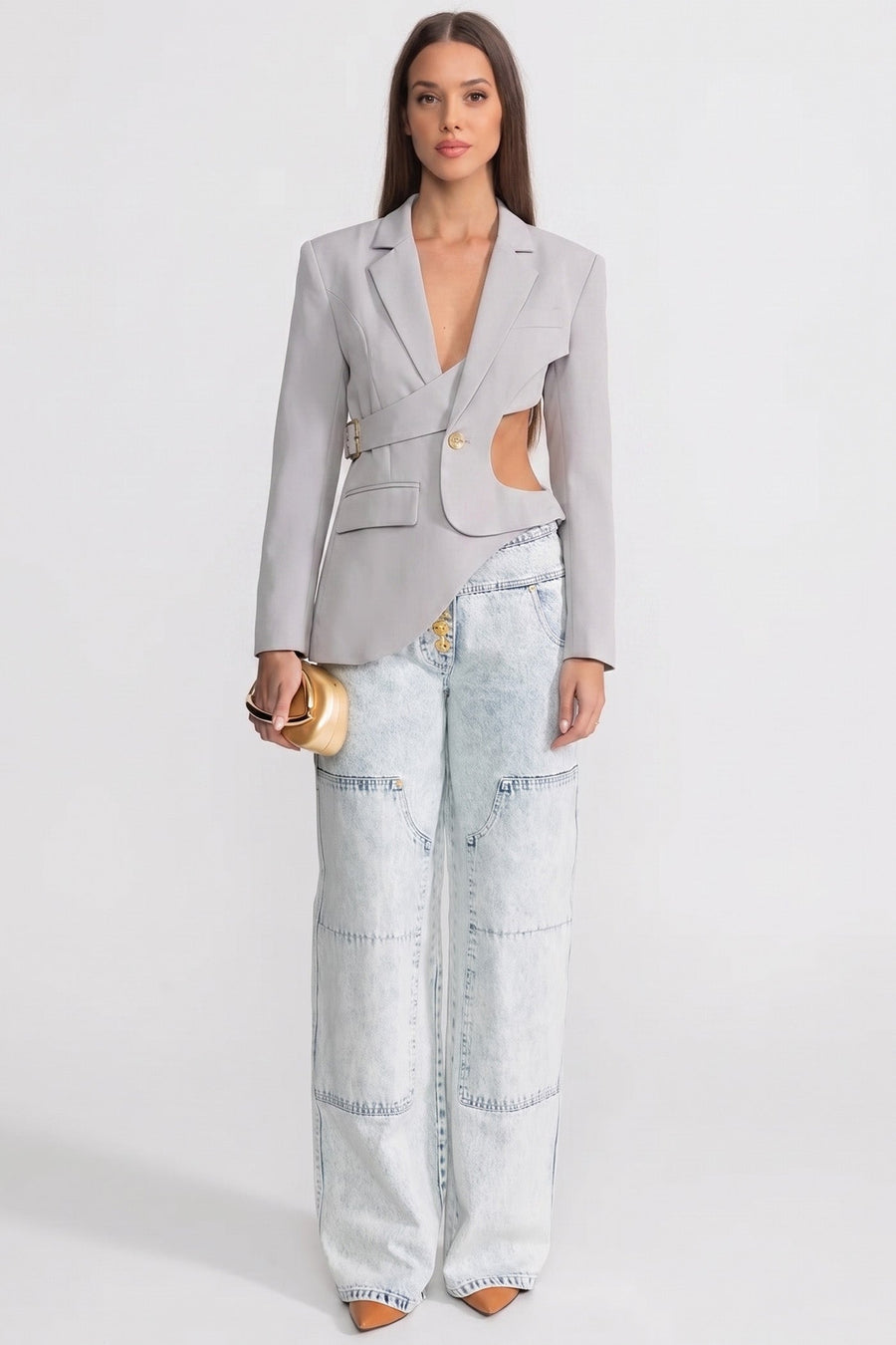 Asymmetric Cut-Out Blazer with Belt Detail - Light Gray