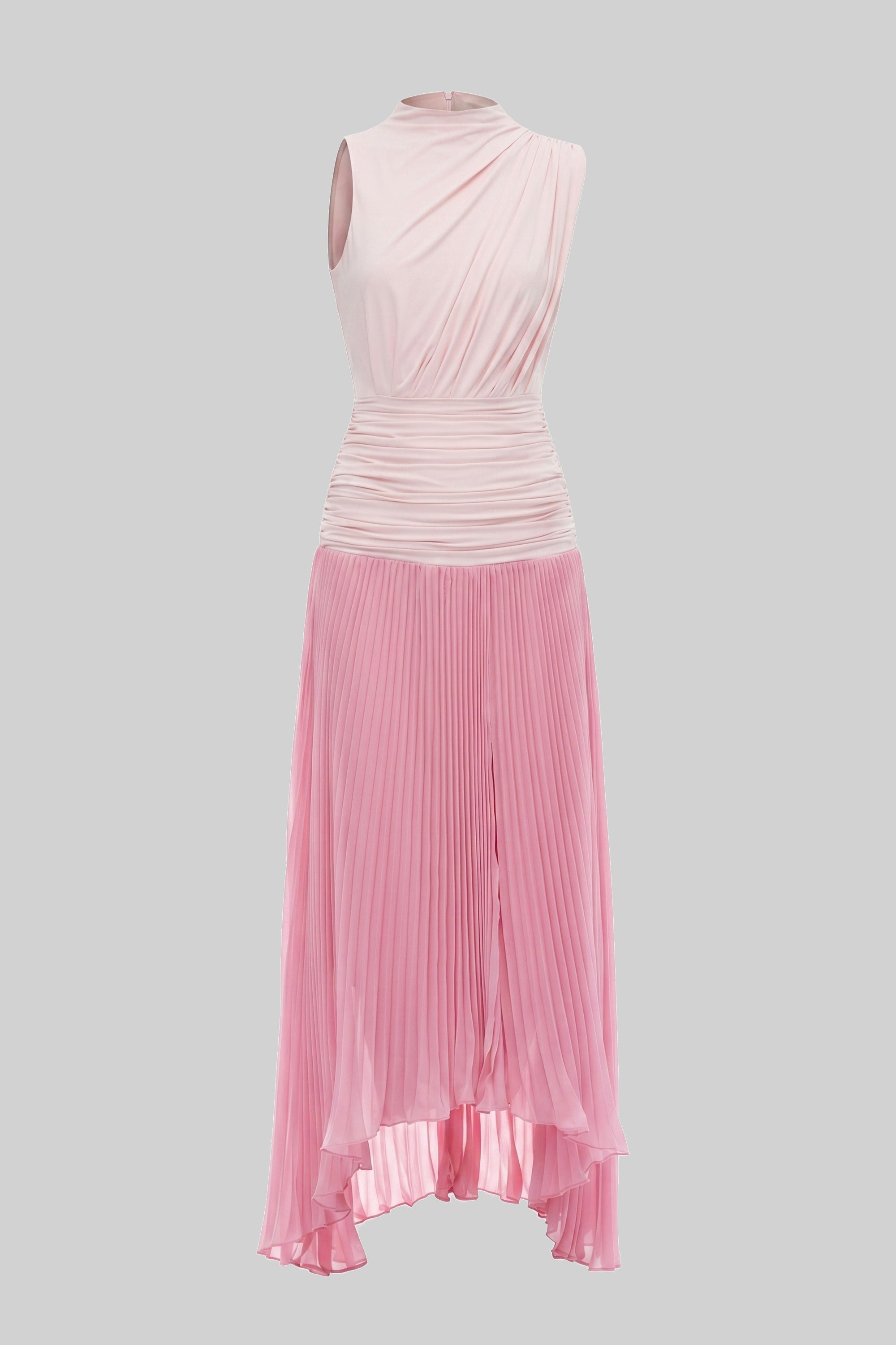 Halter Neck Pleated Maxi Dress With Gathered Waist Detail - Pink