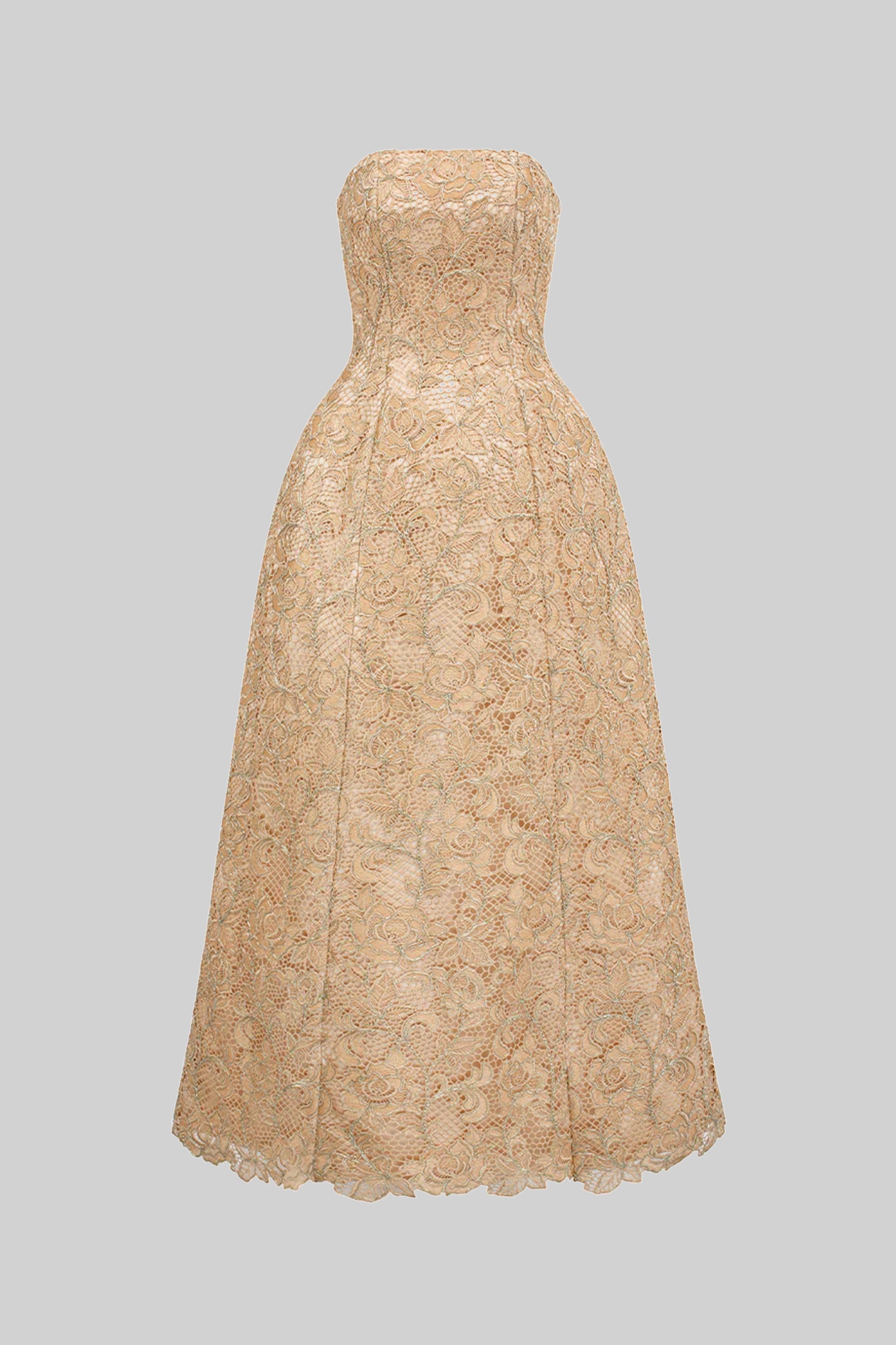 Strapless Floral Lace Ballgown With Full A-Line Skirt - Gold