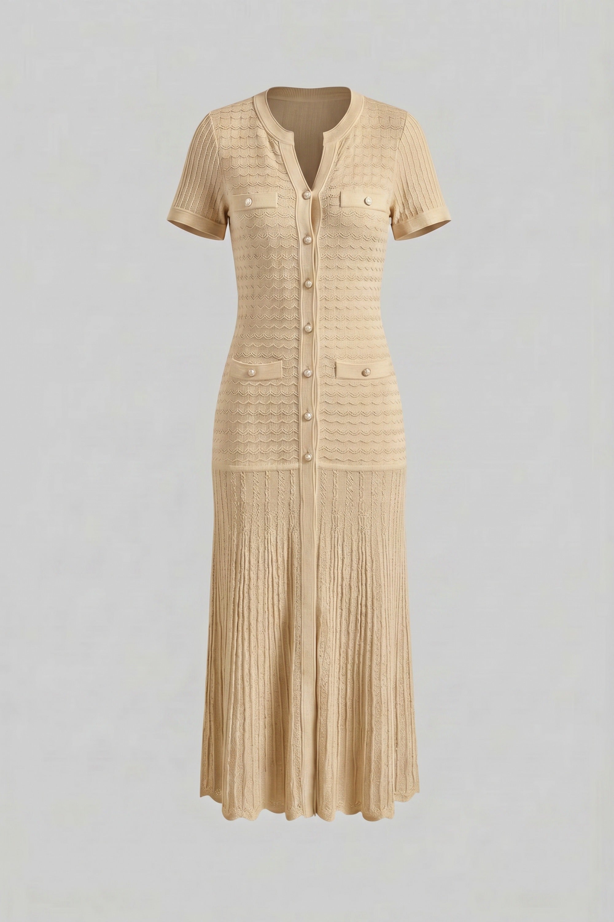 Short Sleeve Midi Dress With Shimmer Knit Texture - Beige