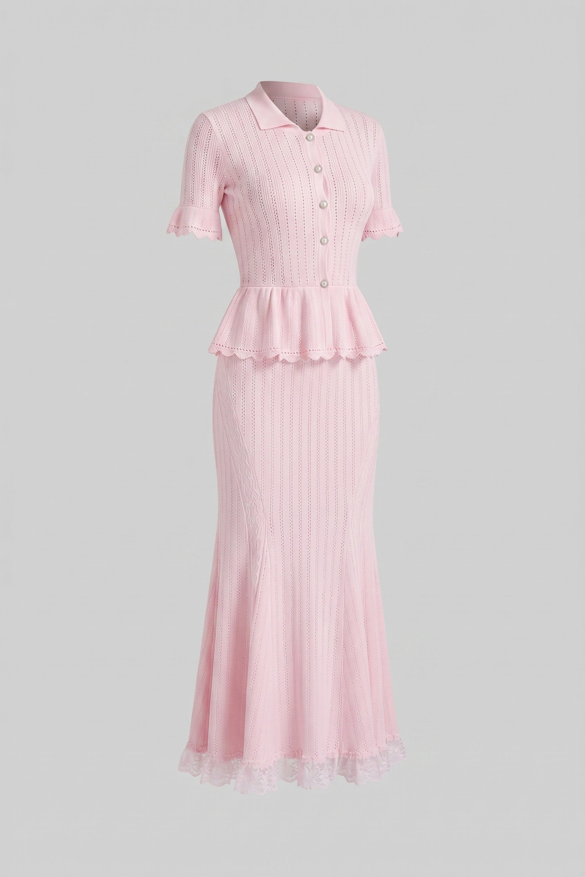 Peter-Pan Collar Knit Peplum Maxi Dress With Lace Hem - Pink