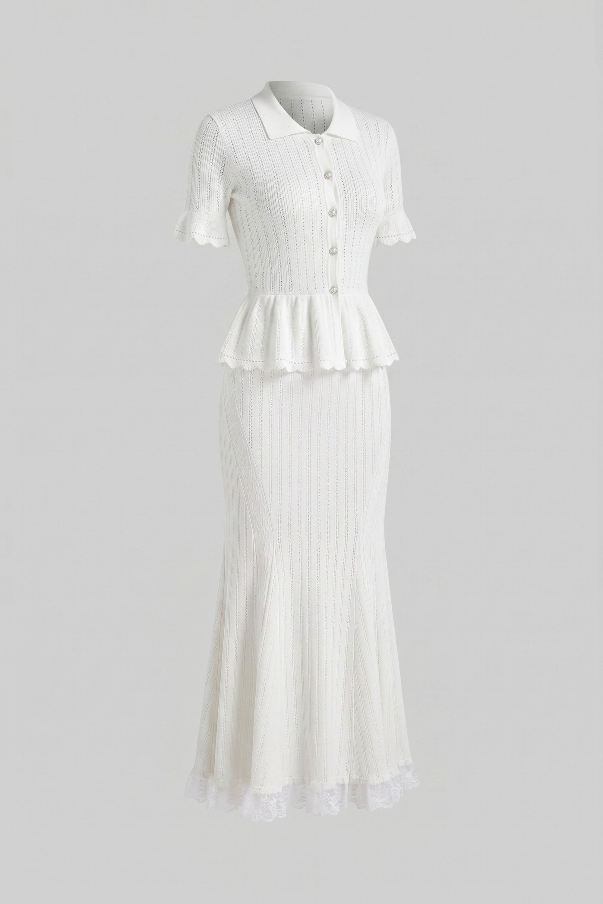 Peter-Pan Collar Knit Peplum Maxi Dress With Lace Hem - White