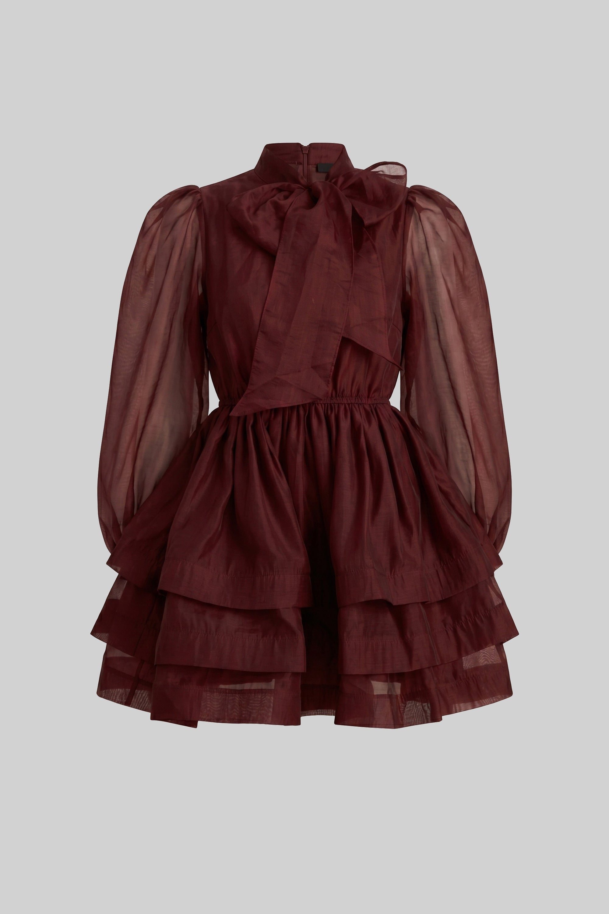 High-Neck Puff-Sleeve Mini Dress With Tiered Ruffle Skirt And Bow - Wine