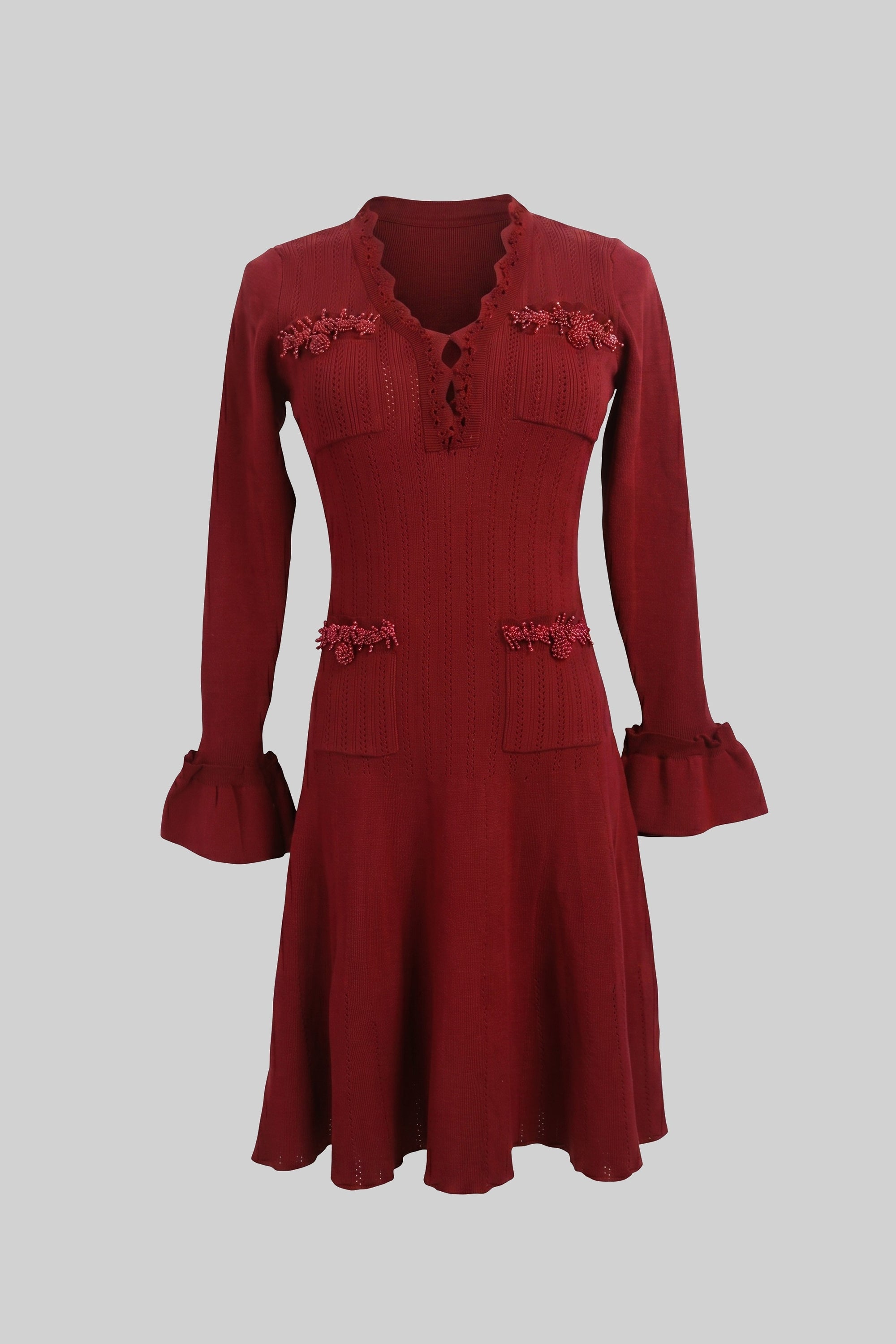 Long-Sleeve V-Neck Knit Mini Dress With Ruffle Hem And Bow Cuffs - Burgundy