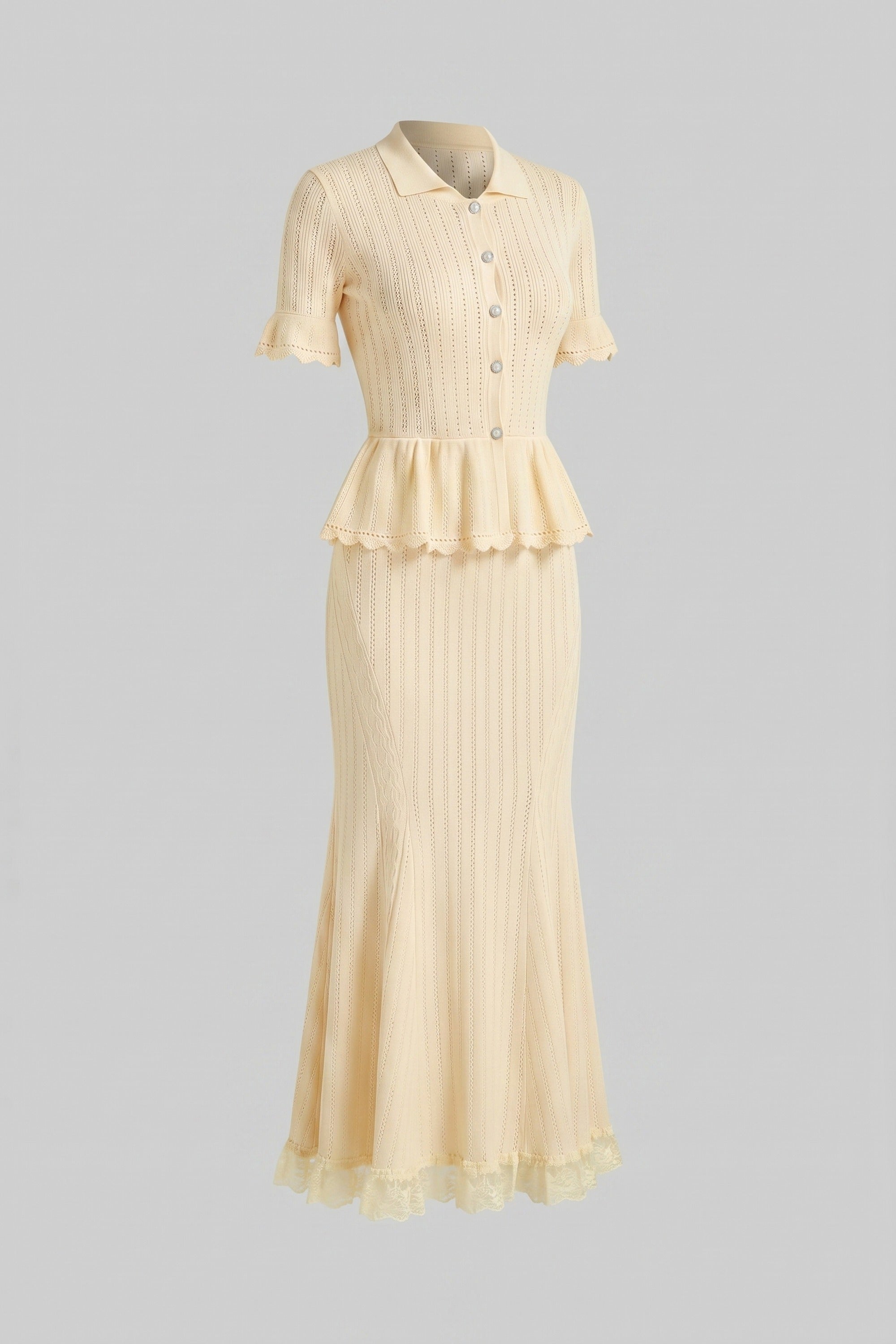 Peter-Pan Collar Knit Peplum Maxi Dress With Lace Hem - Yellow