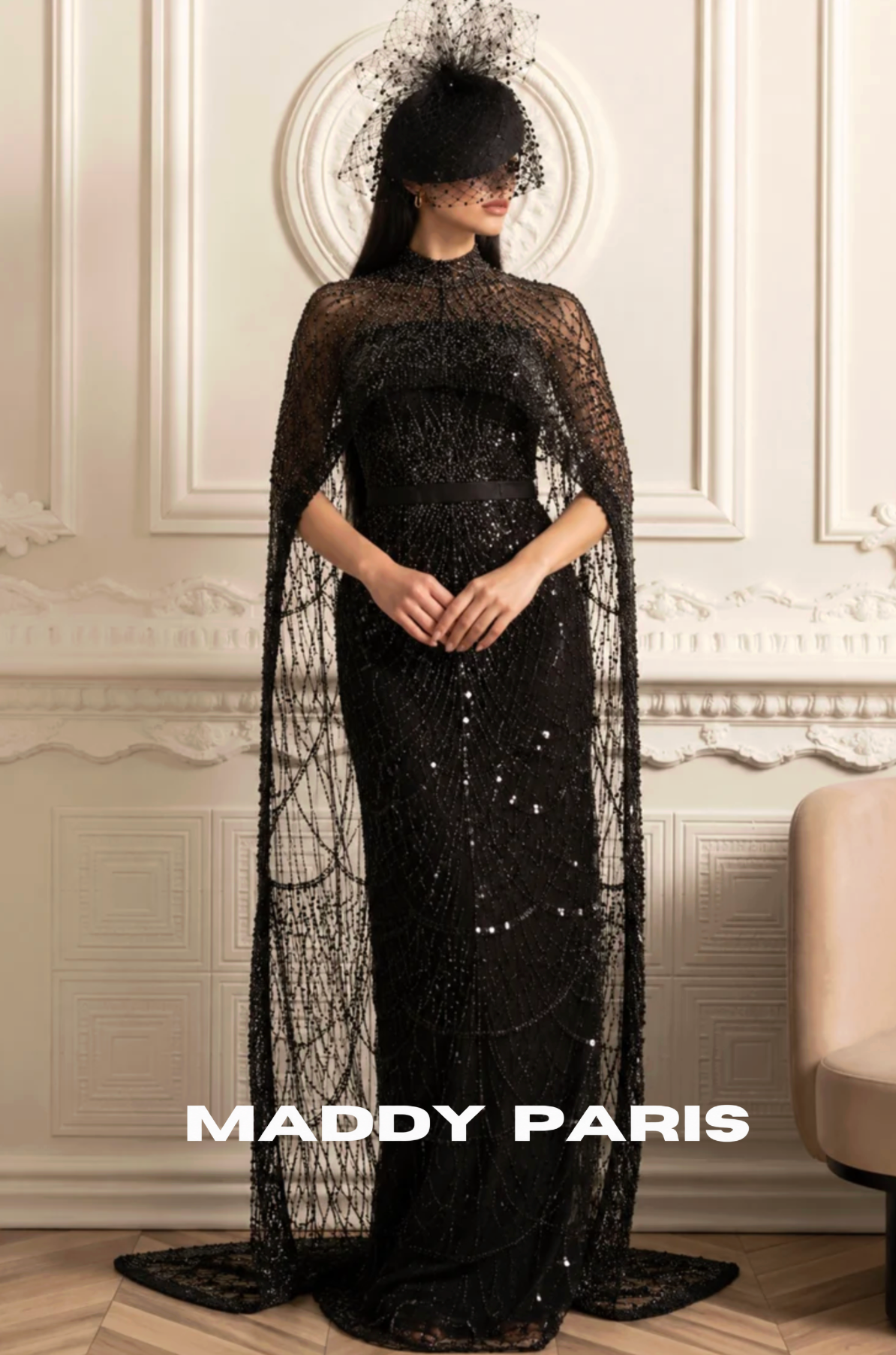 Glamourous Beaded Gown With Detachable Veil - Black