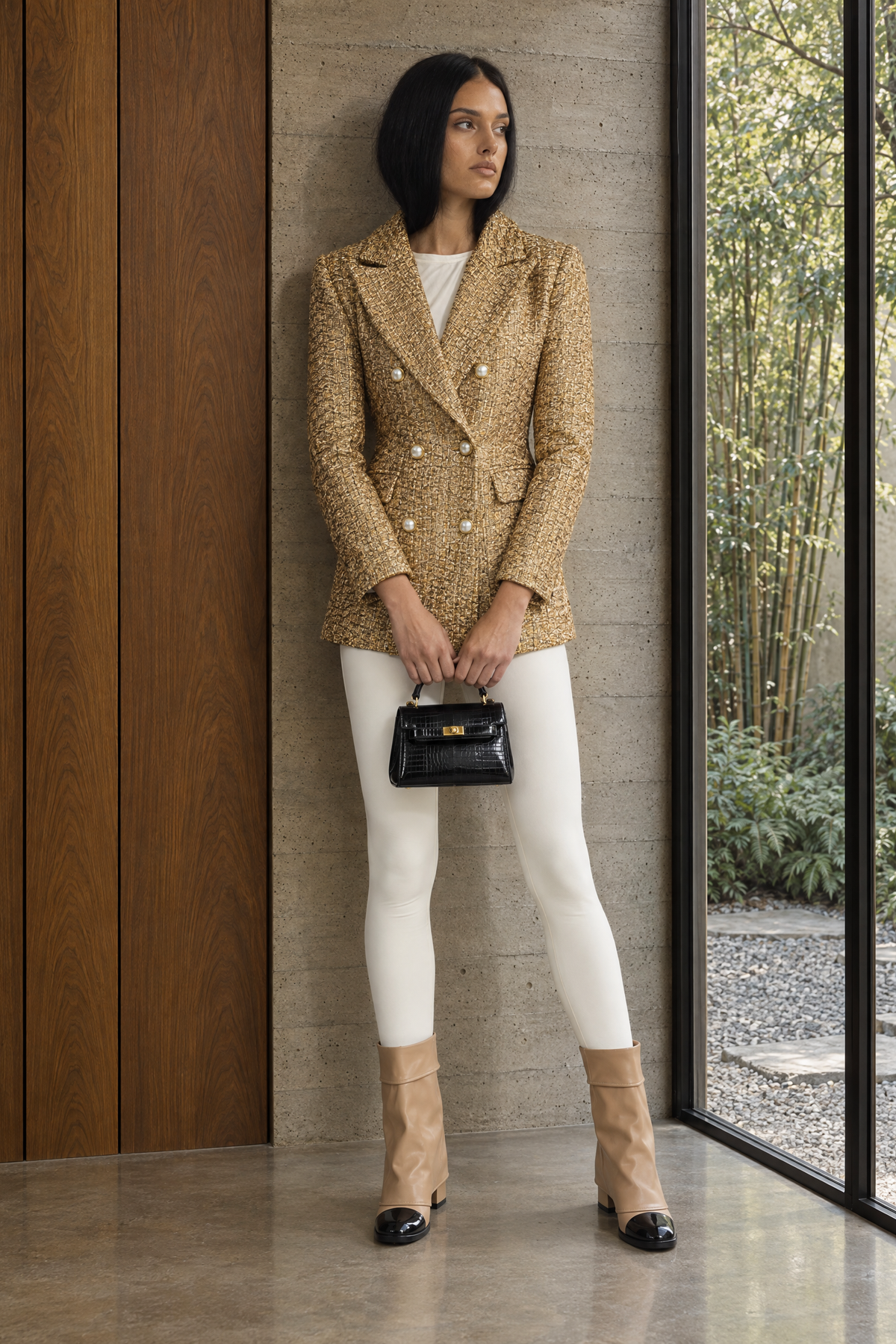 Ermeline Gold Metallic Tweed Double-Breasted Blazer with Pearl Buttons