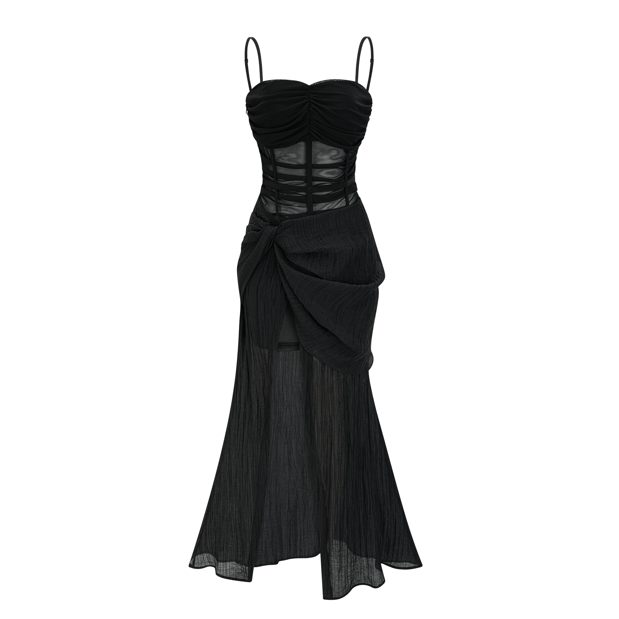 Guinevere black sheer asymmetrical midi dress