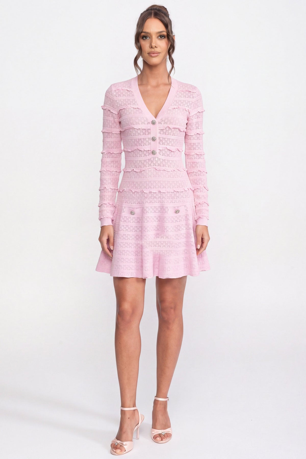 Button Front Knit Fit And Flare Dress With Crystal Buttons - Pink
