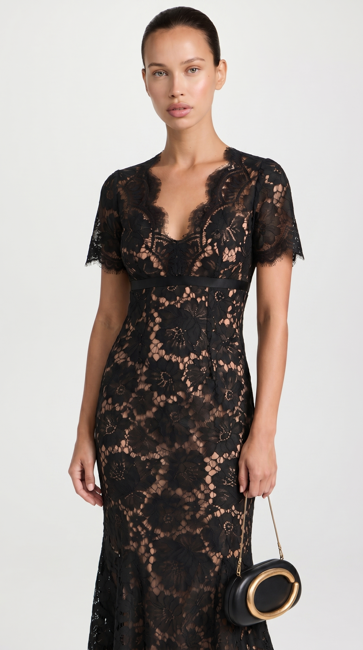 Rhea - Eyelash Lace Trumpet Midi Dress