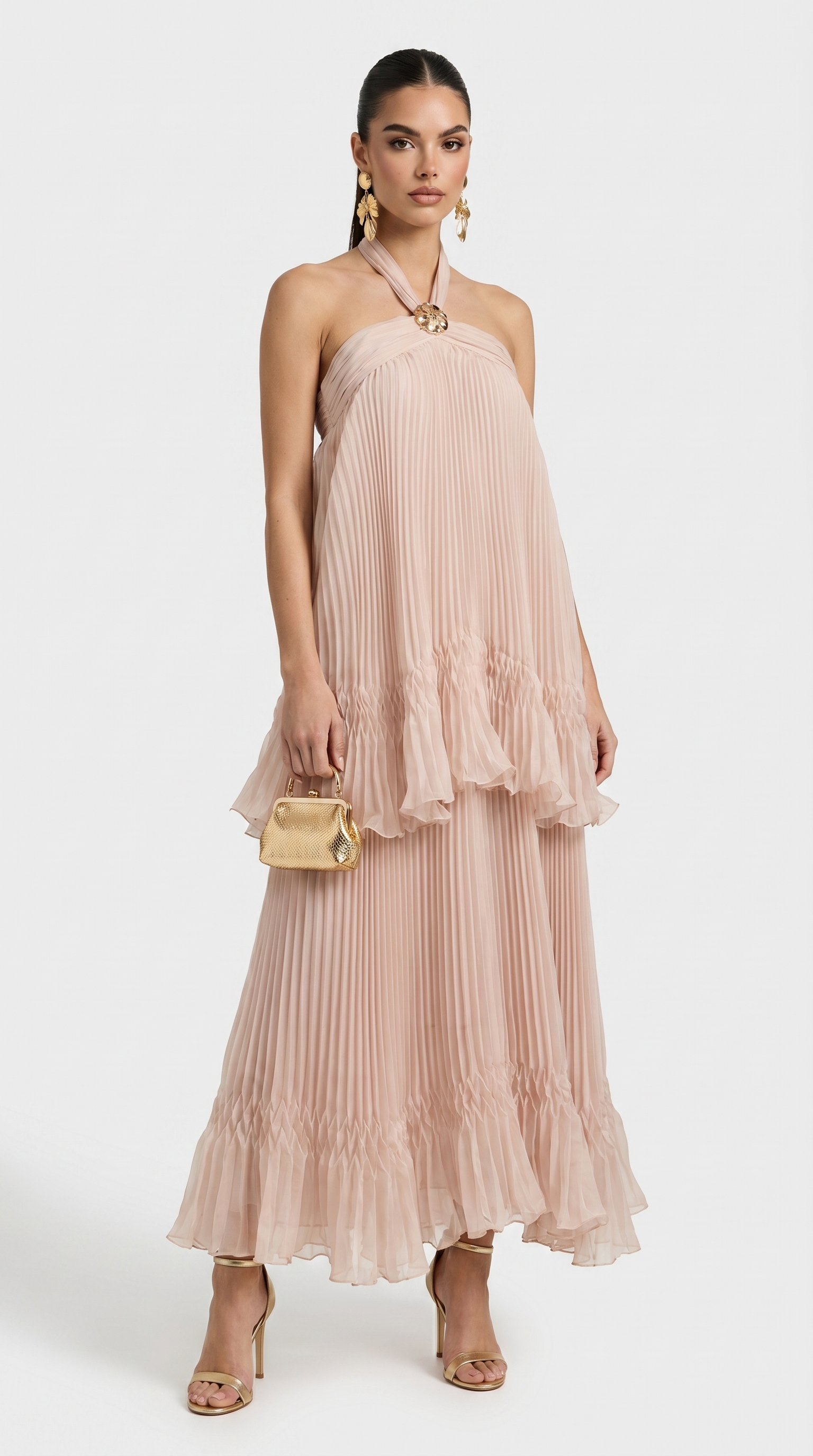 Cyan - Tiered Plissé Halter Maxi Gown