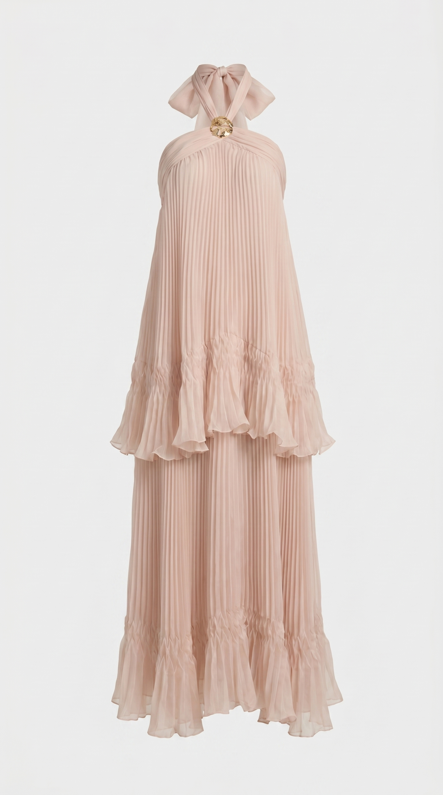 Cyan - Tiered Plissé Halter Maxi Gown