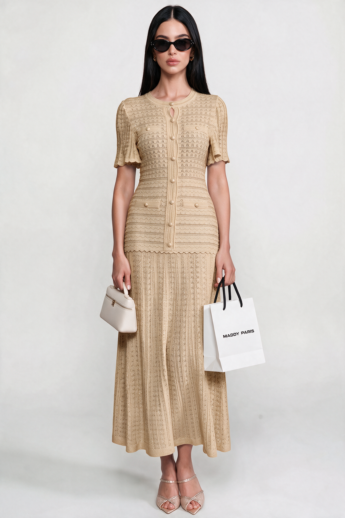 Short Sleeve Midi Dress With Shimmer Knit Texture - Beige