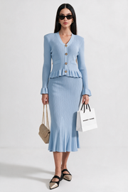 Solange Baby Blue Ruffled Jacket & Flared Skirt Knit Matching Set