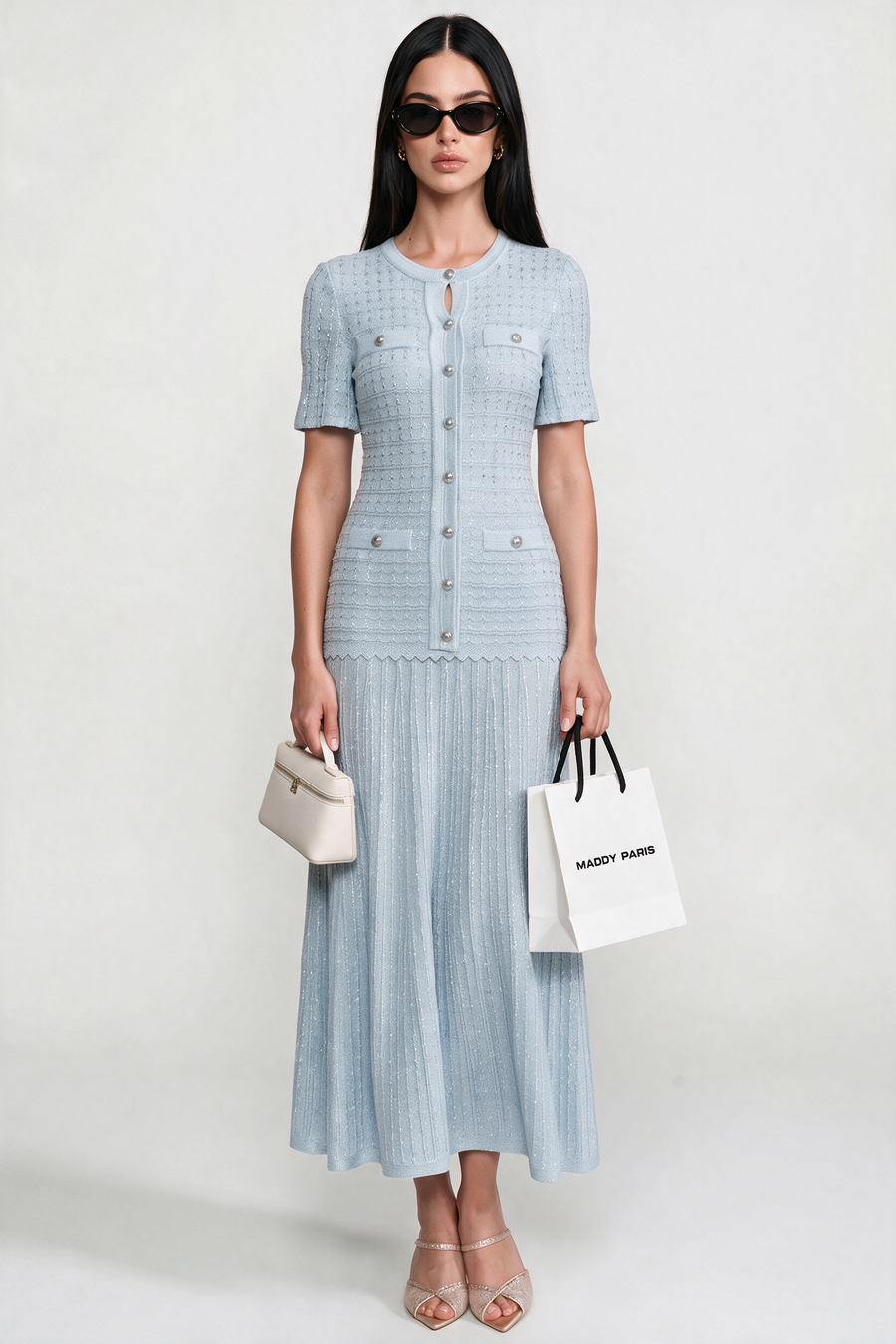Short Sleeve Midi Dress With Shimmer Knit Texture - Light Blue
