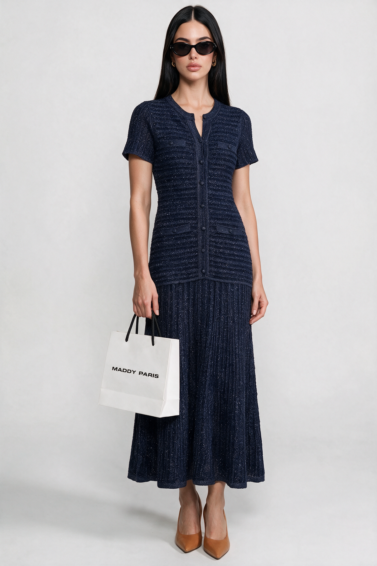 Short Sleeve Midi Dress With Shimmer Knit Texture - Navy