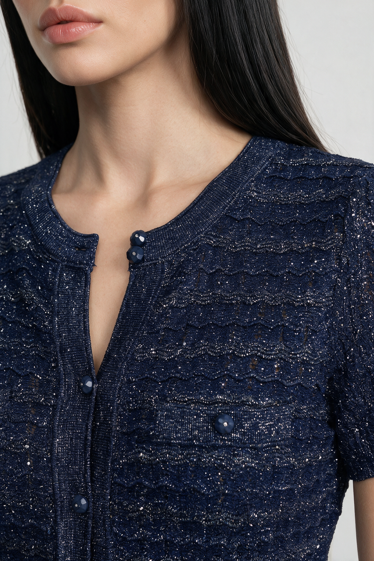 Short Sleeve Midi Dress With Shimmer Knit Texture - Navy
