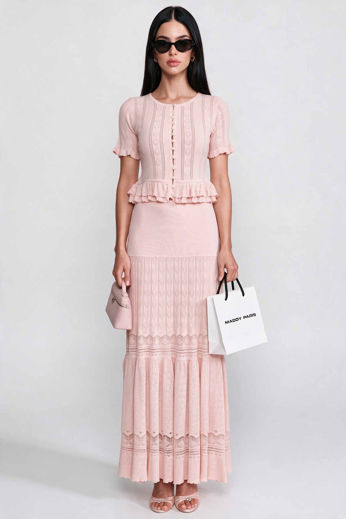 Two-Piece Knit Co-Ord Set With Ruffled Waist - Pink