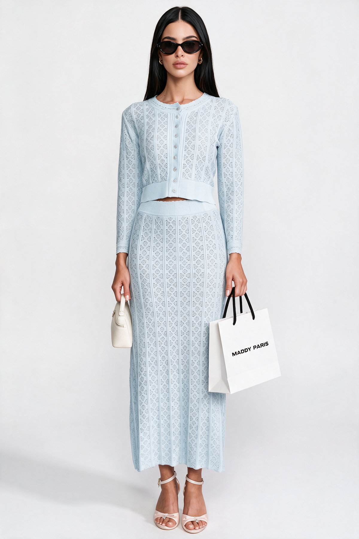 Eyelet Knit Co-Ord Set With Cardigan And Maxi Skirt - Light Blue