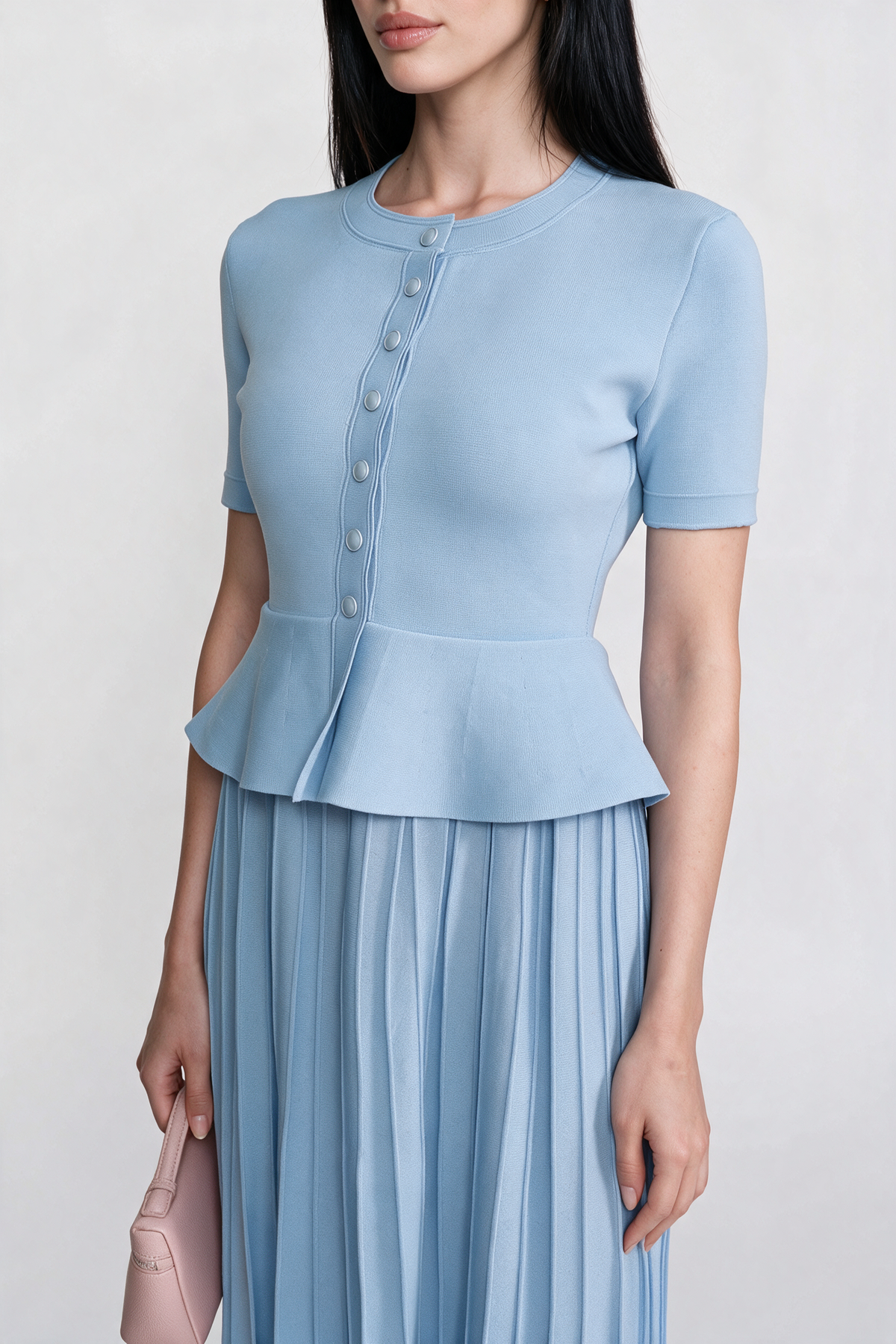 Peplum Knit Midi Dress With Button Front - Light Blue