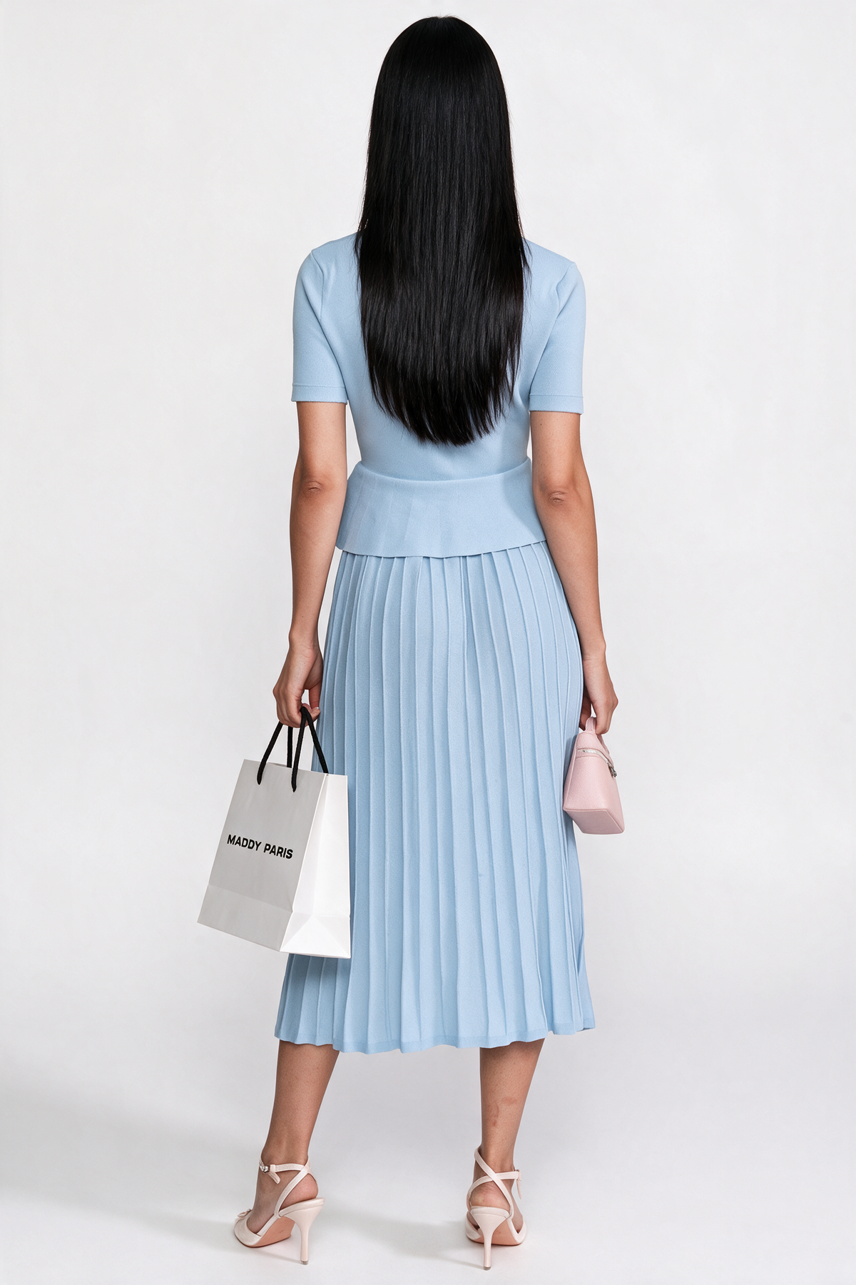 Peplum Knit Midi Dress With Button Front - Light Blue